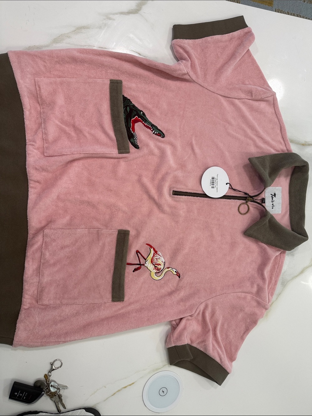 Men's Pink Terry Polo with Embroidered Crocodile & Flamingo